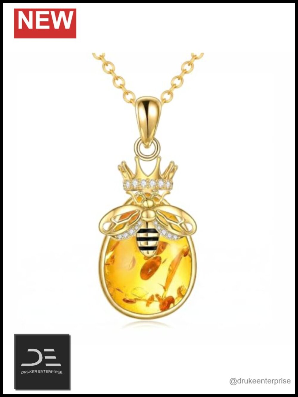 Sterling Silver 18k Gold Plated Amber Bee Pendant Necklace with Moissanite